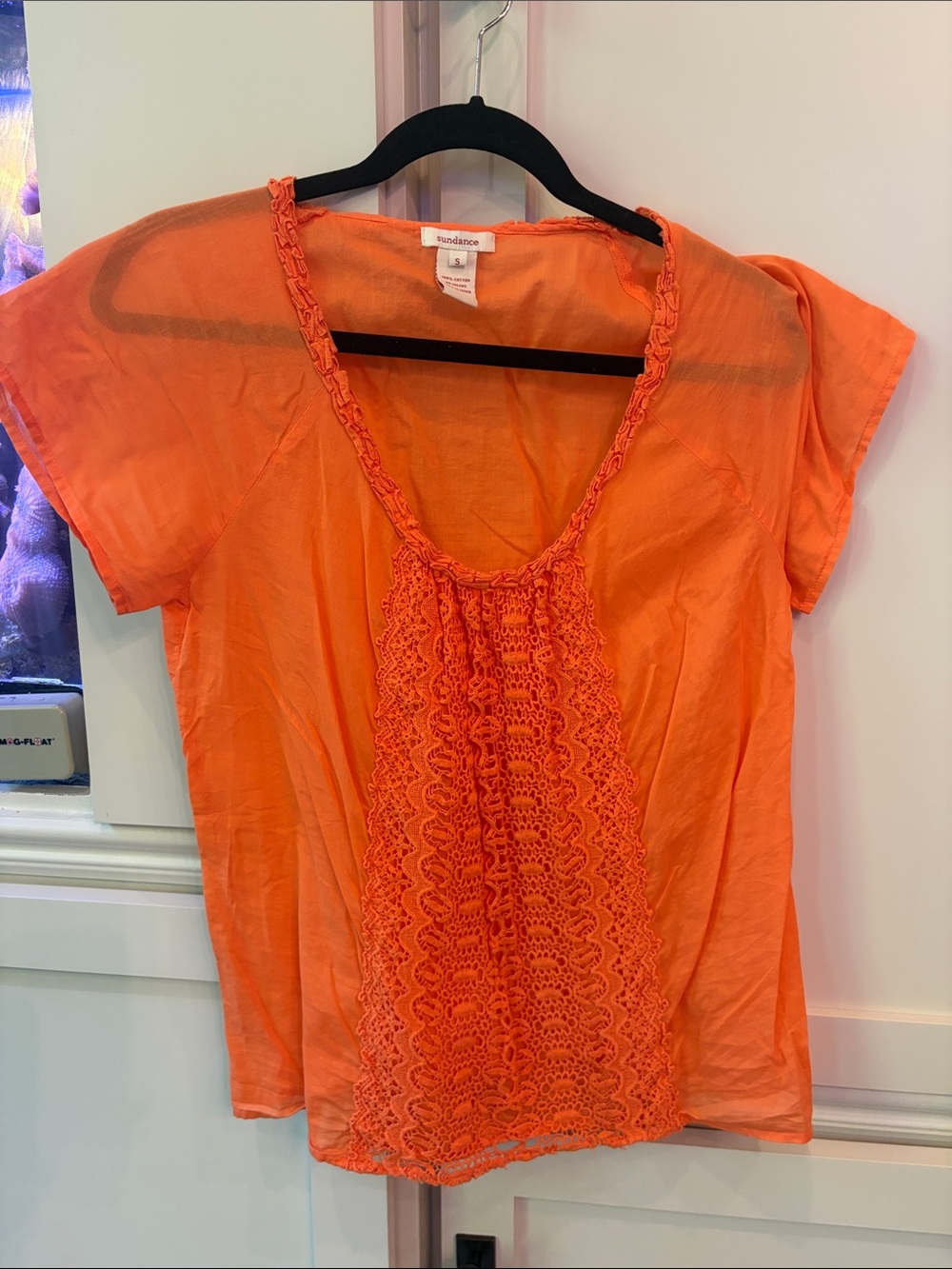 Sundance Orange Crochet-Front Short Sleeve Blouse